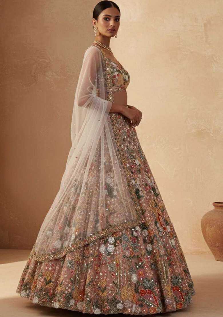 Peach Embroidery Net Lehenga Set - Indya