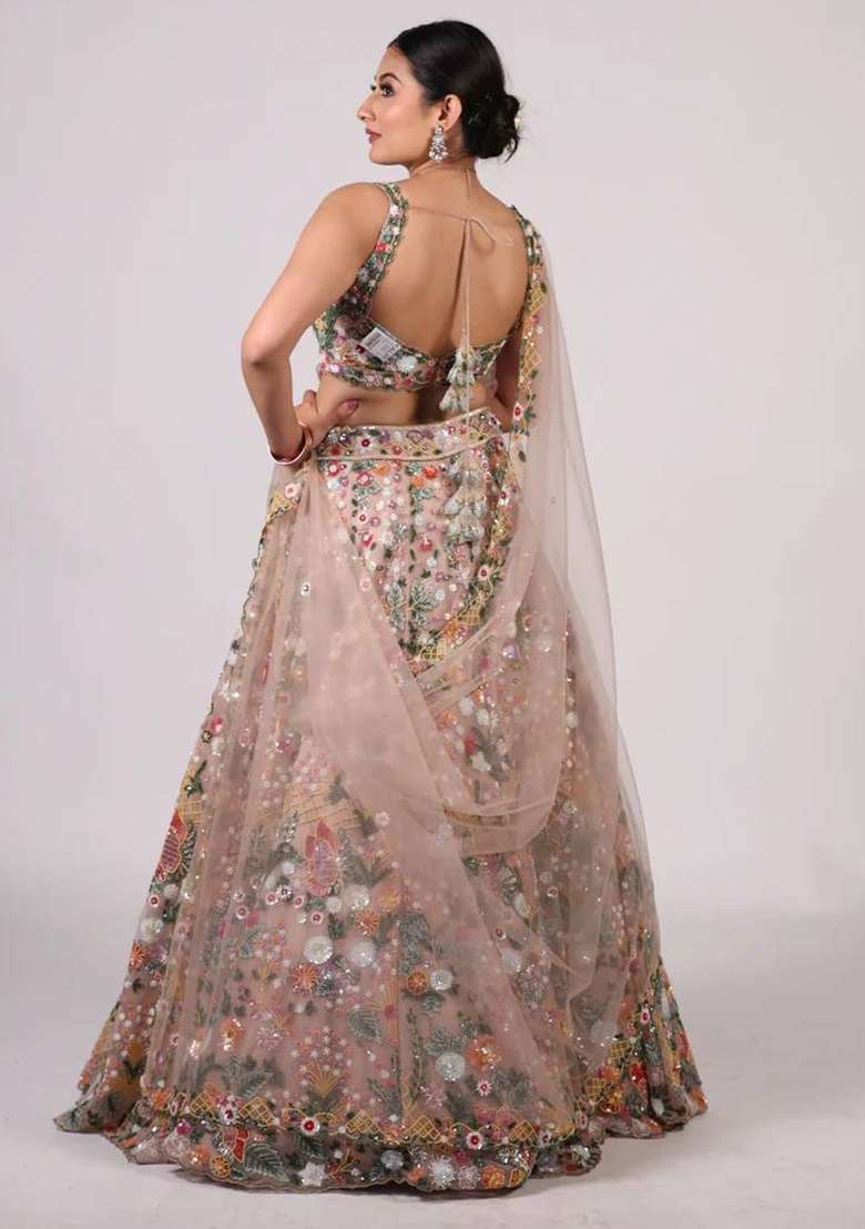 Peach Embroidery Net Lehenga Set - Indya