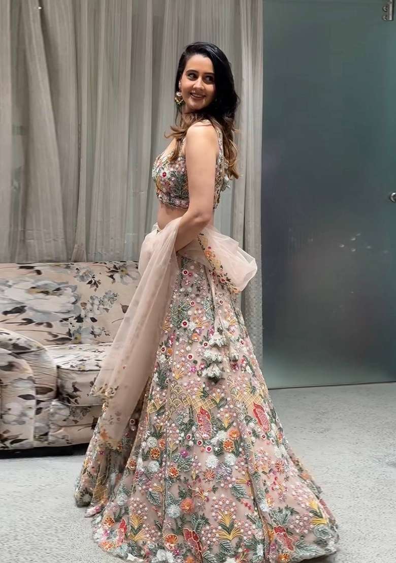 Peach Embroidery Net Lehenga Set - Indya