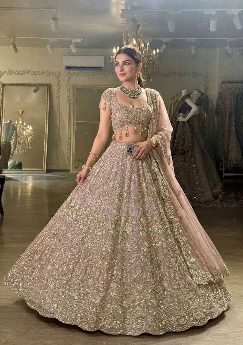 Golden Embroidery Net Lehenga Set for Diwali and Festive Wear - Indya