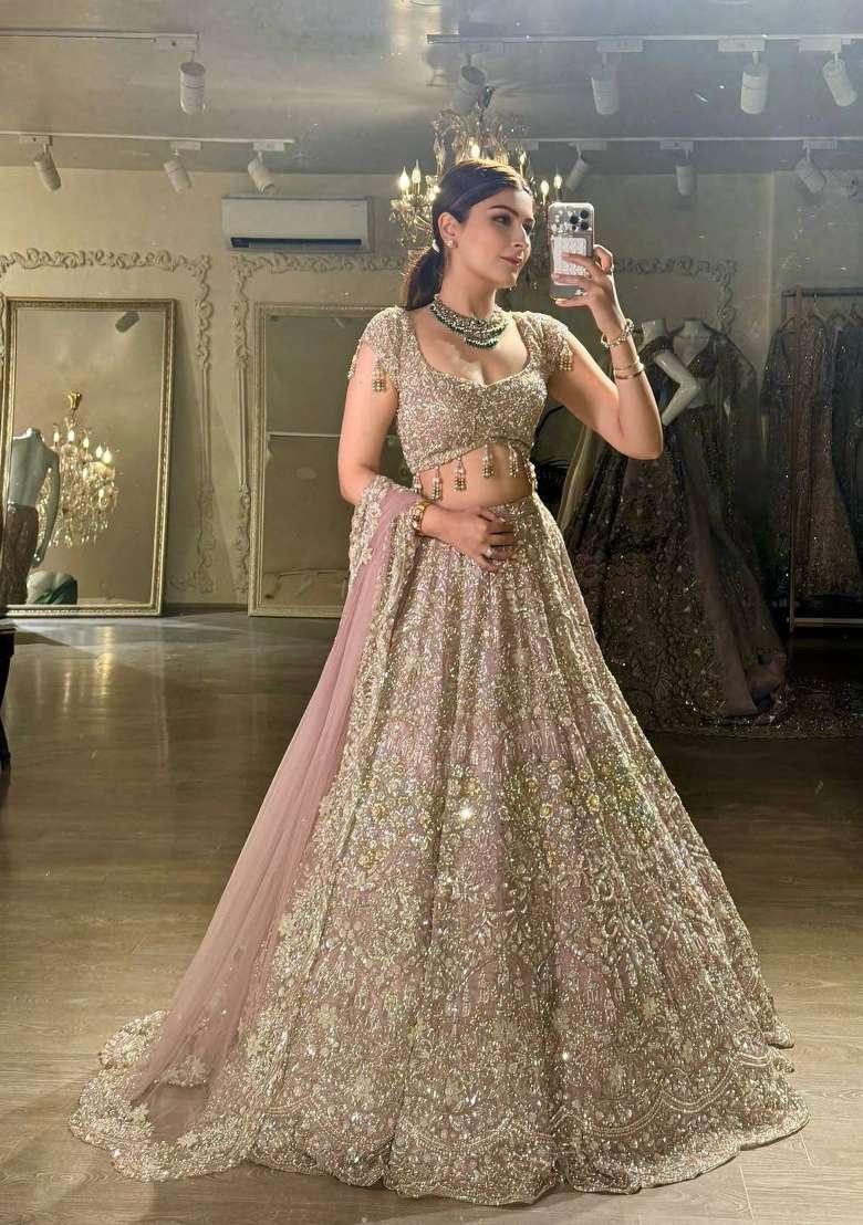 Golden Embroidery Net Lehenga Set for Diwali and Festive Wear - Indya