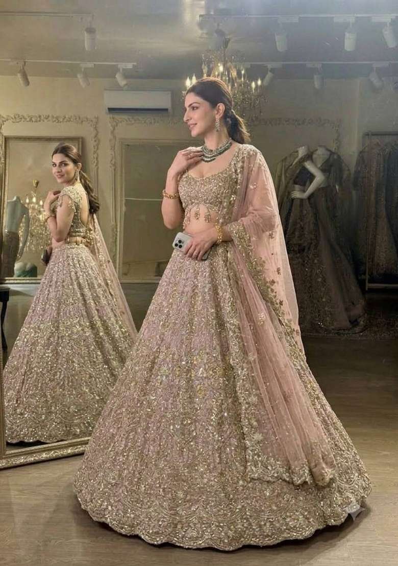 Golden Embroidery Net Lehenga Set for Diwali and Festive Wear - Indya
