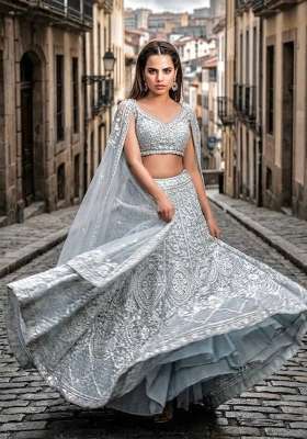 Sky Blue Embroidery Net Lehenga Set