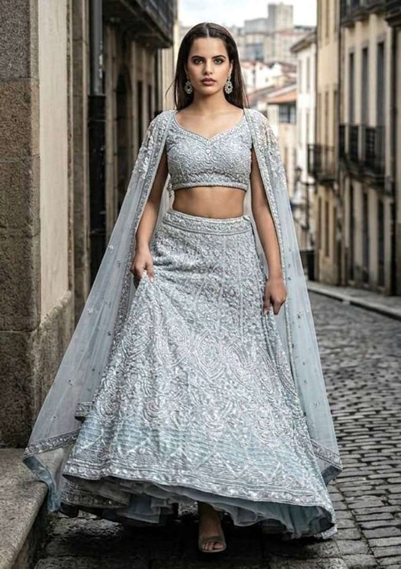 Sky Blue Embroidery Net Lehenga Set - Indya
