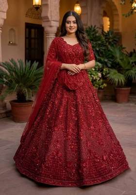 Red Embroidery Net Lehenga Set