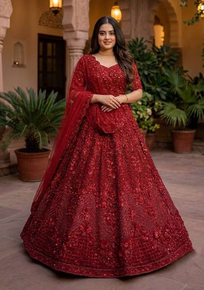 Red Embroidery Net Lehenga Set - Indya