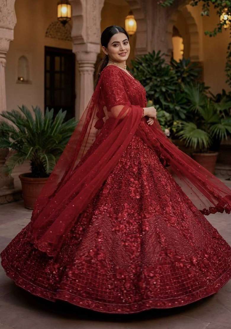 Red Embroidery Net Lehenga Set - Indya