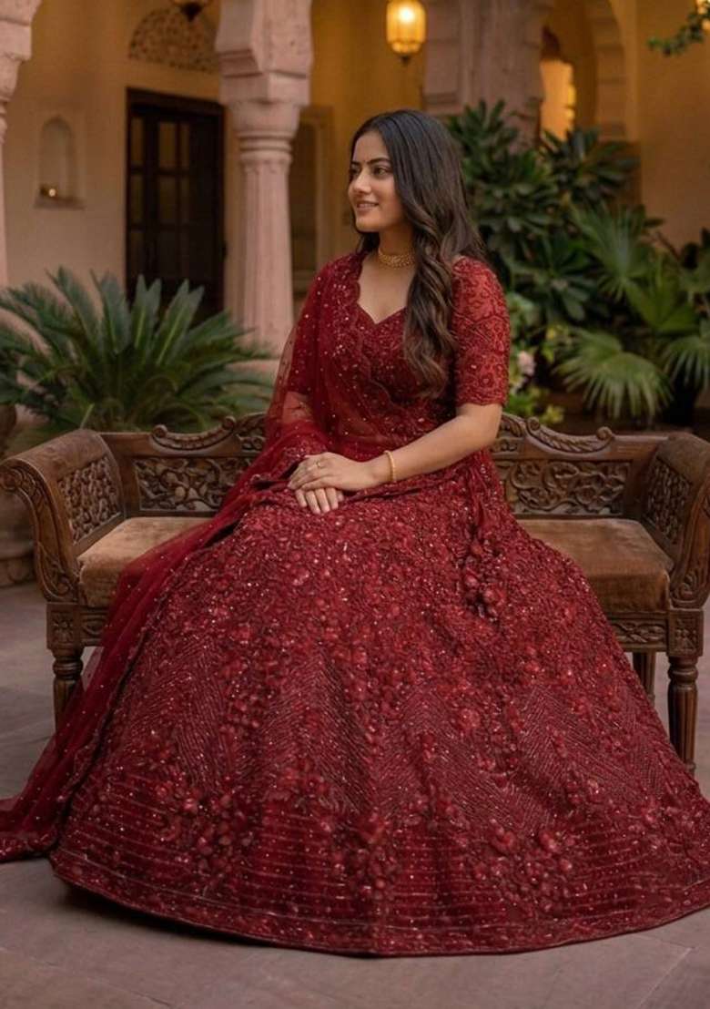 Red Embroidery Net Lehenga Set - Indya