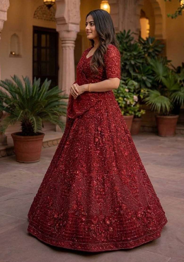 Red Embroidery Net Lehenga Set - Indya