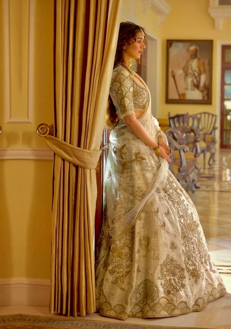 White Embroidery Silk Lehenga Set - Indya