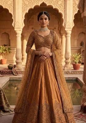 Chiku Embroidery Silk Lehenga Set for Diwali and Festive Wear