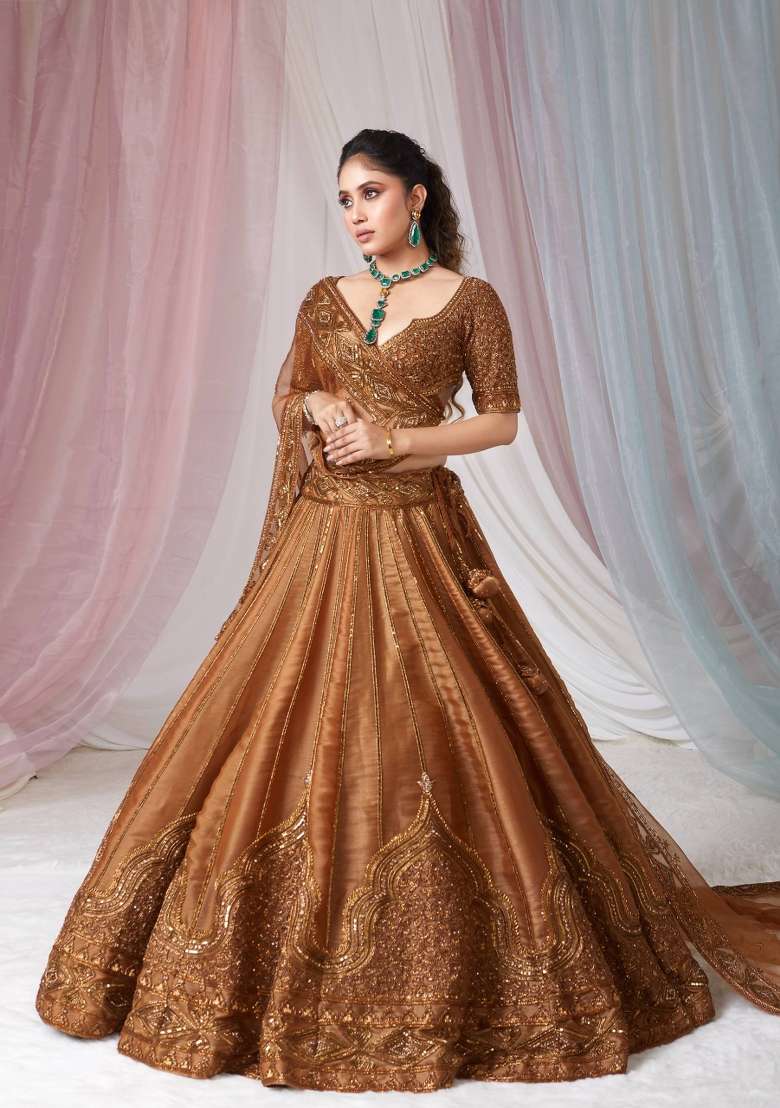 Chiku Embroidery Silk Lehenga Set for Diwali and Festive Wear - Indya