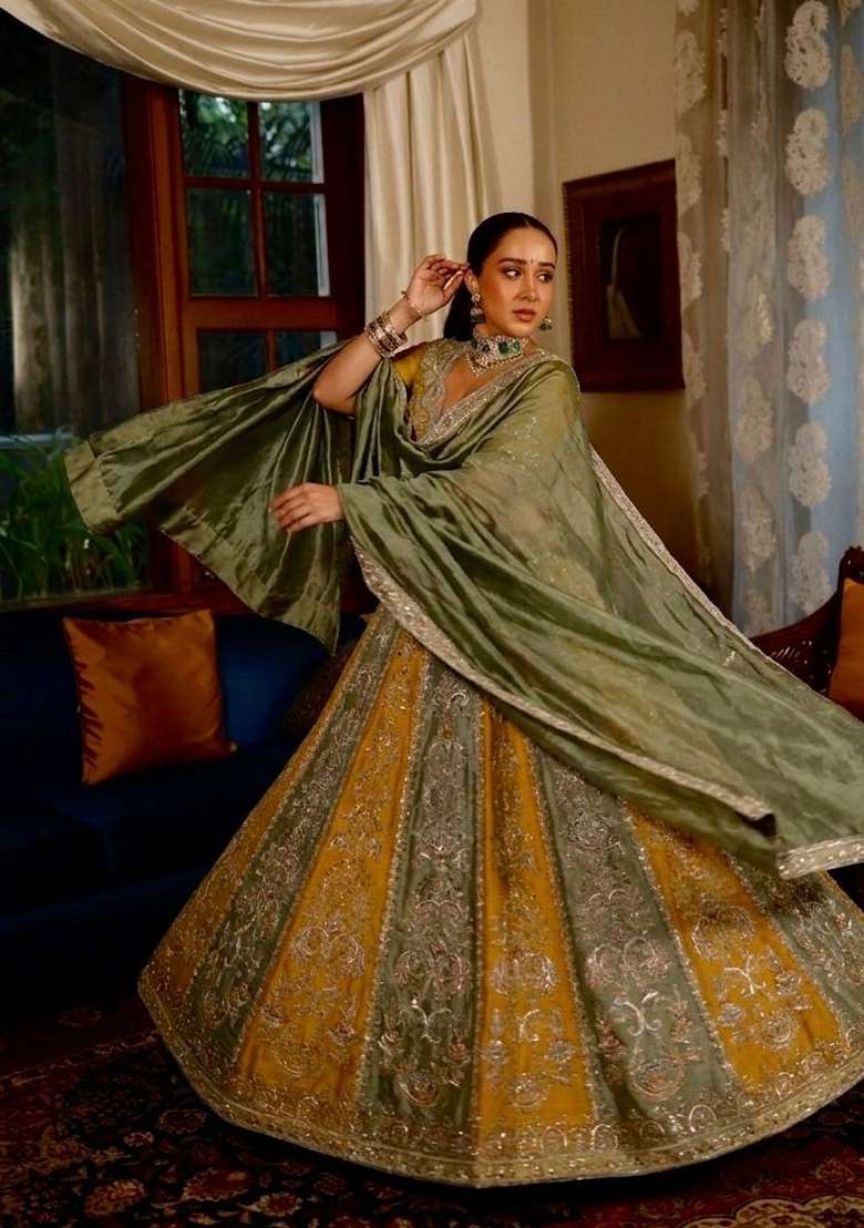 Yellow Embroidery Silk Lehenga Set - Indya