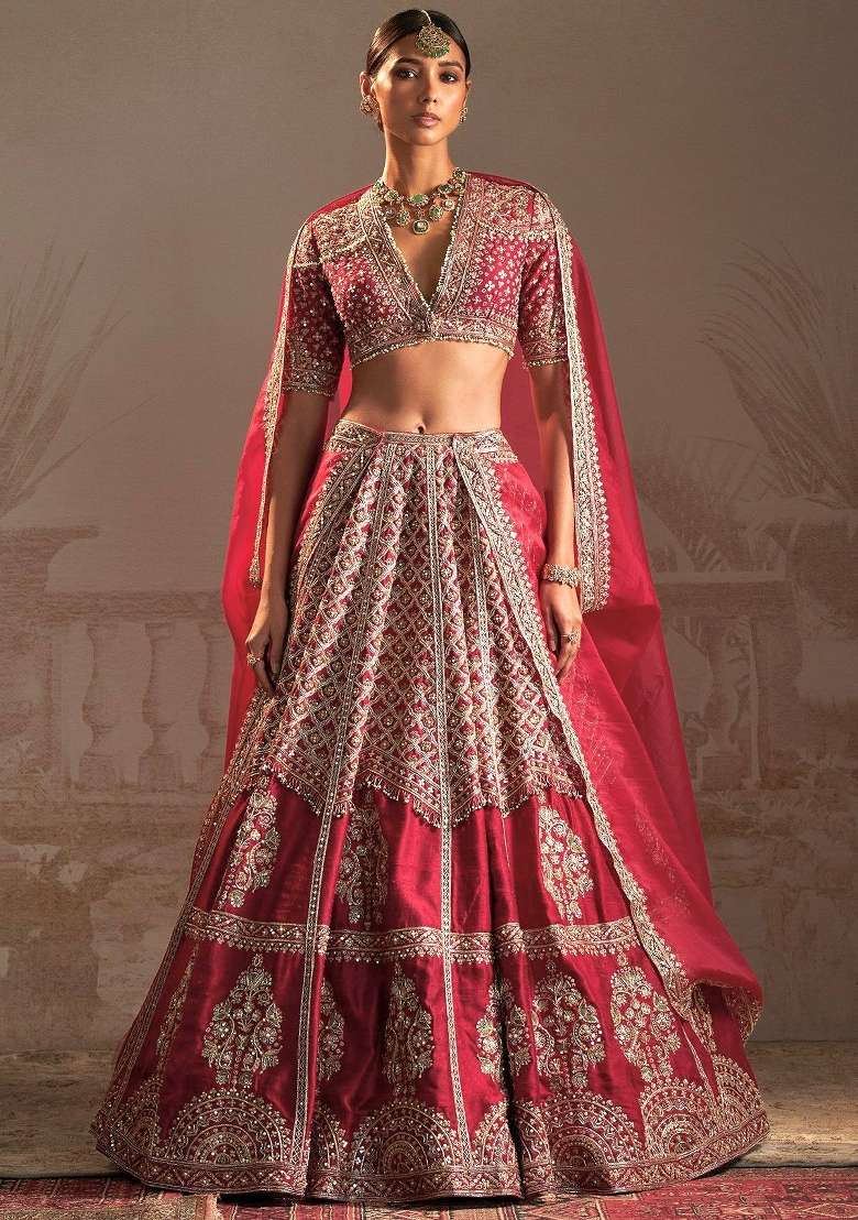 Red Embroidery Silk Lehenga Set - Indya