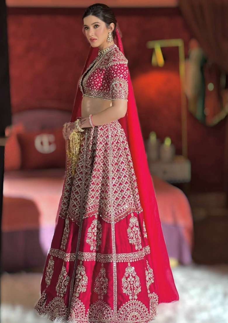 Red Embroidery Silk Lehenga Set - Indya