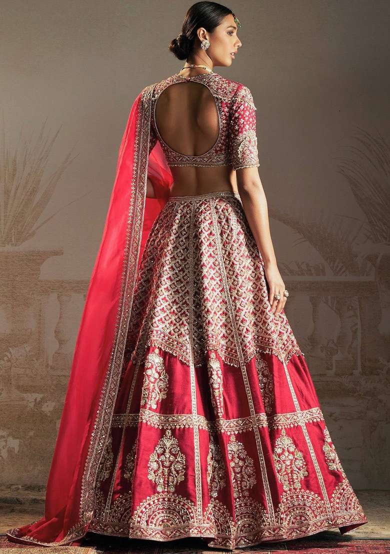 Red Embroidery Silk Lehenga Set - Indya