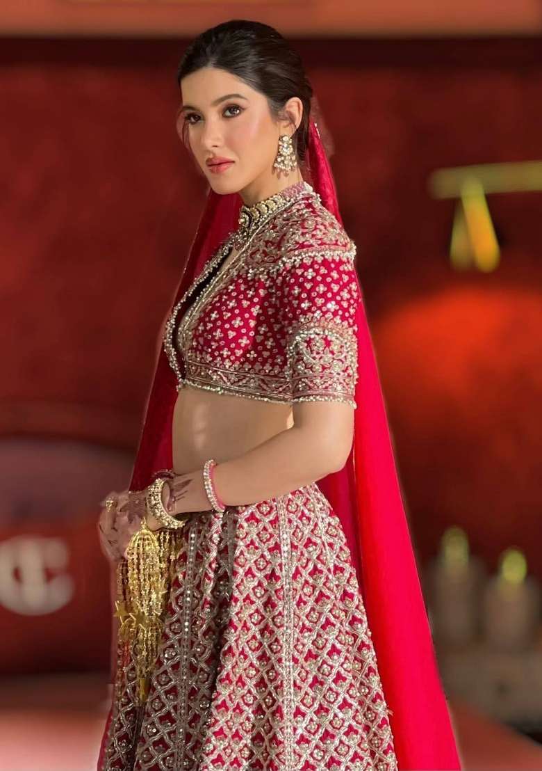 Red Embroidery Silk Lehenga Set - Indya