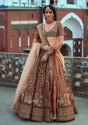 Brown Embroidery Silk Lehenga Set