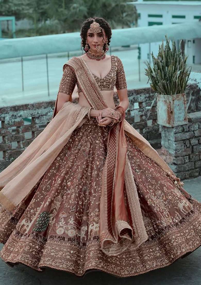 Brown Embroidery Silk Lehenga Set - Indya