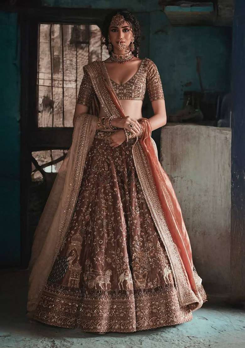 Brown Embroidery Silk Lehenga Set - Indya