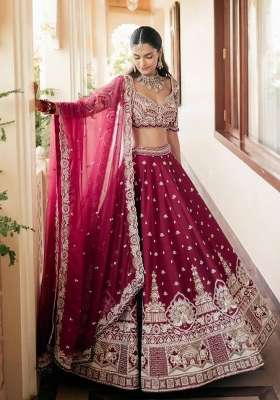 Maroon Embroidery Silk Lehenga Set