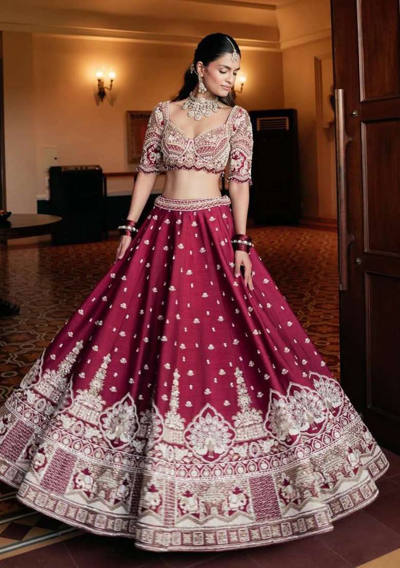 Maroon Embroidery Silk Lehenga Set - Indya