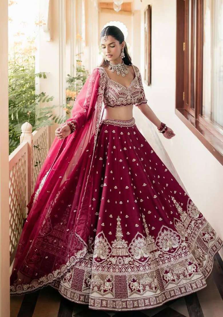 Maroon Embroidery Silk Lehenga Set - Indya