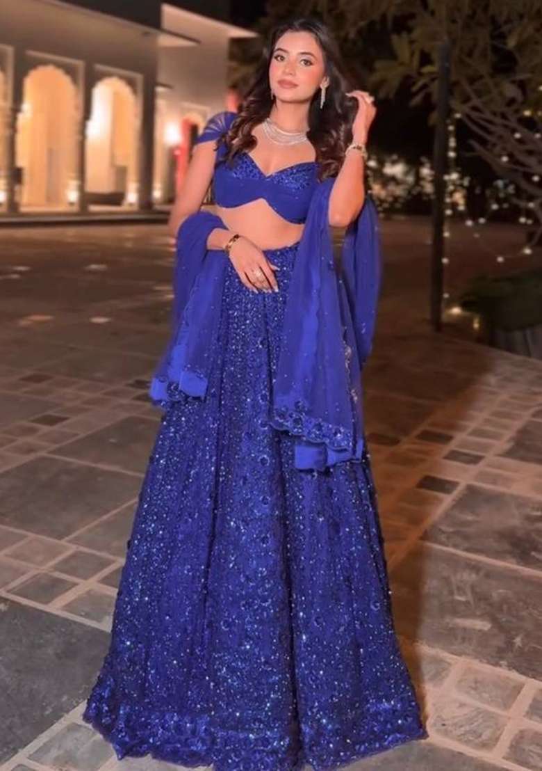 Blue Embroidery Georgette Lehenga Set - Indya