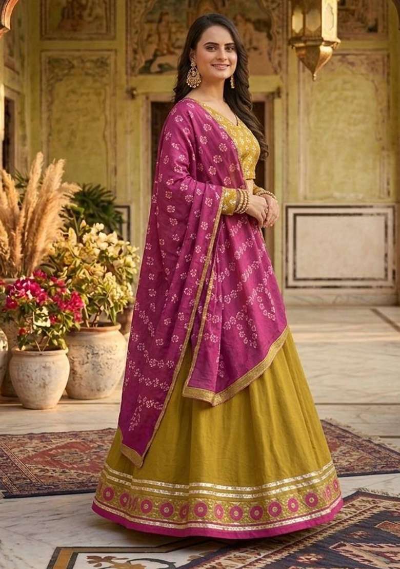 Mustard Embroidery Silk Lehenga Set for Diwali and Festive Wear - Indya