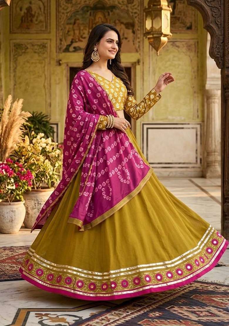 Mustard Embroidery Silk Lehenga Set for Diwali and Festive Wear - Indya