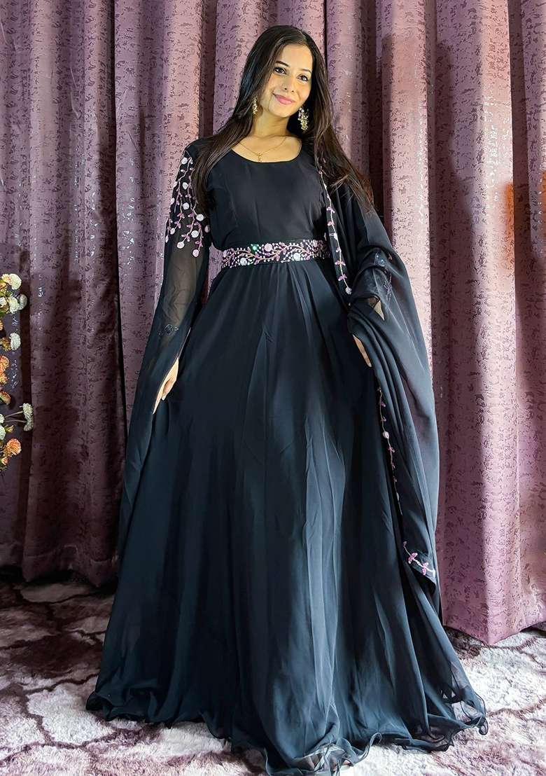 Black Embroidery Georgette Lehenga Set for Diwali and Festive Wear - Indya