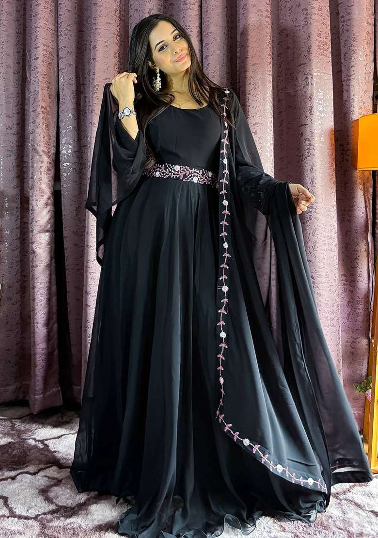Black Embroidery Georgette Lehenga Set for Diwali and Festive Wear - Indya