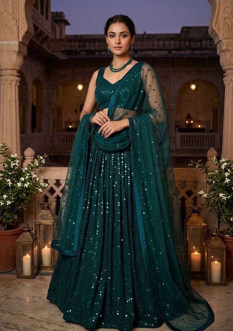 Green Embroidery Georgette Lehenga Set for Diwali and Festive Wear - Indya