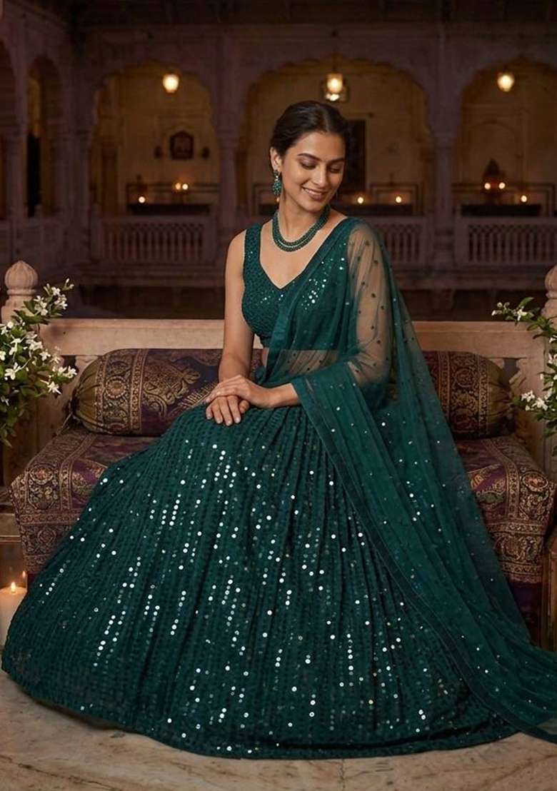 Green Embroidery Georgette Lehenga Set for Diwali and Festive Wear - Indya