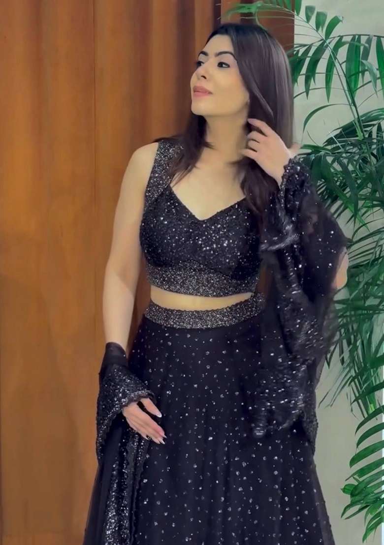 Black Embroidery Net Lehenga Set for Diwali and Festive Wear - Indya