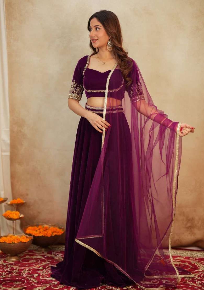 Maroon Velvet Lehenga Set with Embroidery for Diwali | Wedding & Festive Wear - Indya