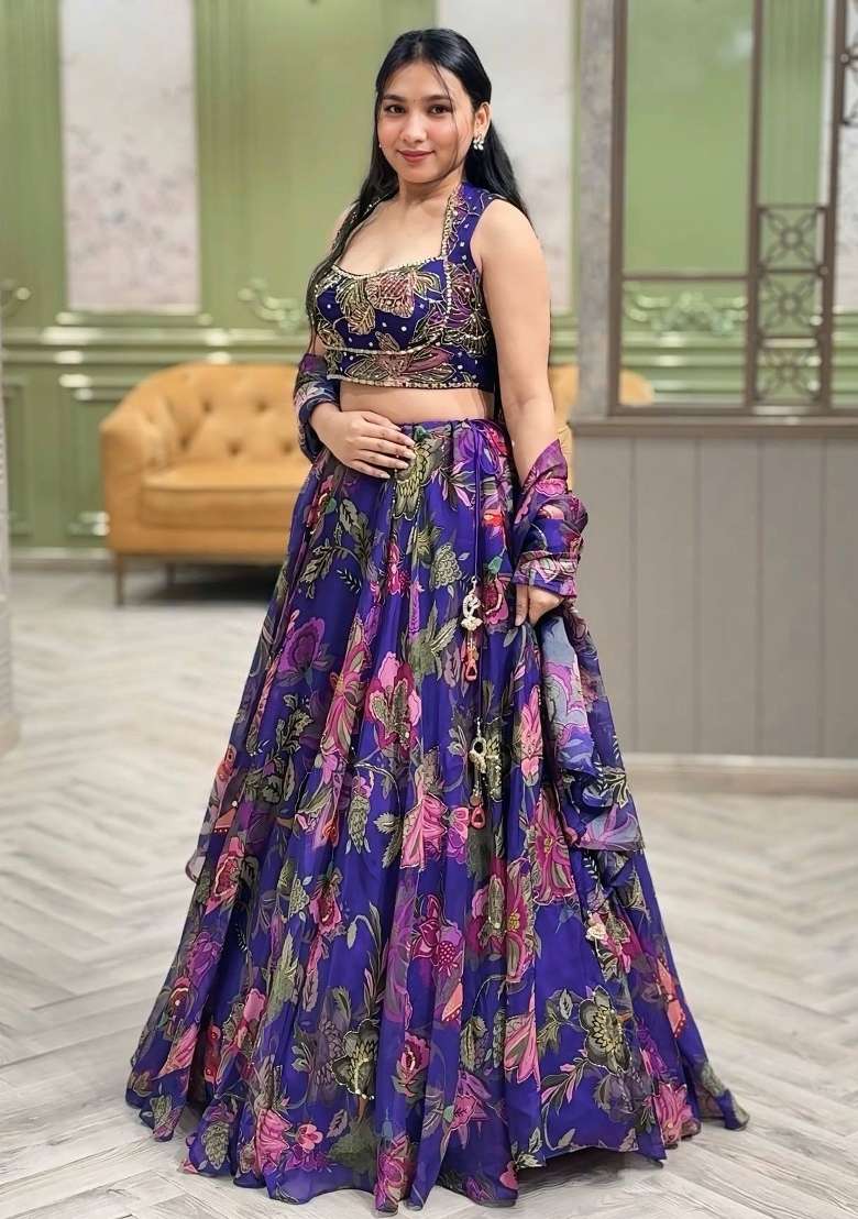 Purple Embroidery Silk Lehenga Set for Diwali and Festive Wear - Indya