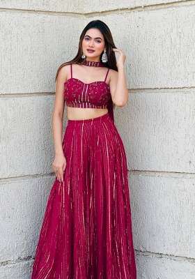 Red Georgette Lehenga Set with Embroidery for Diwali | Wedding & Festive Wear