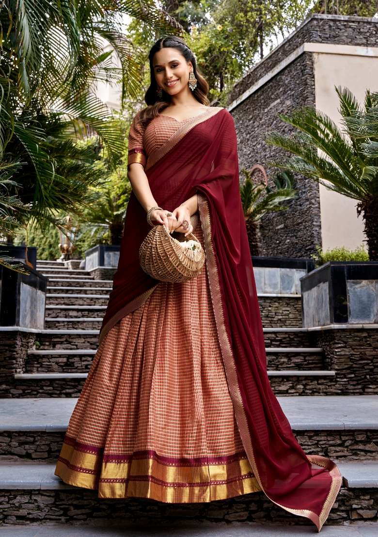 Maroon Cotton Lehenga Set with Zari Work for Diwali | Wedding & Festive Wear - Indya