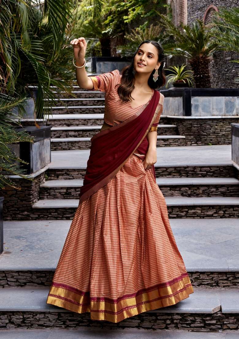 Maroon Cotton Lehenga Set with Zari Work for Diwali | Wedding & Festive Wear - Indya