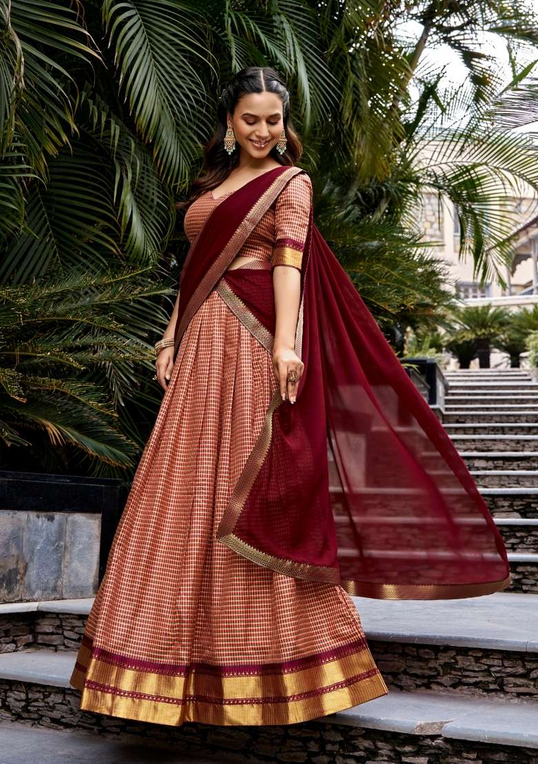 Maroon Cotton Lehenga Set with Zari Work for Diwali | Wedding & Festive Wear - Indya