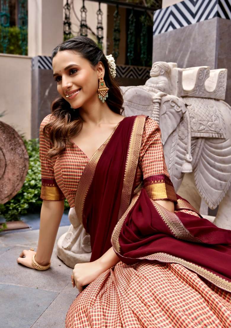 Maroon Cotton Lehenga Set with Zari Work for Diwali | Wedding & Festive Wear - Indya