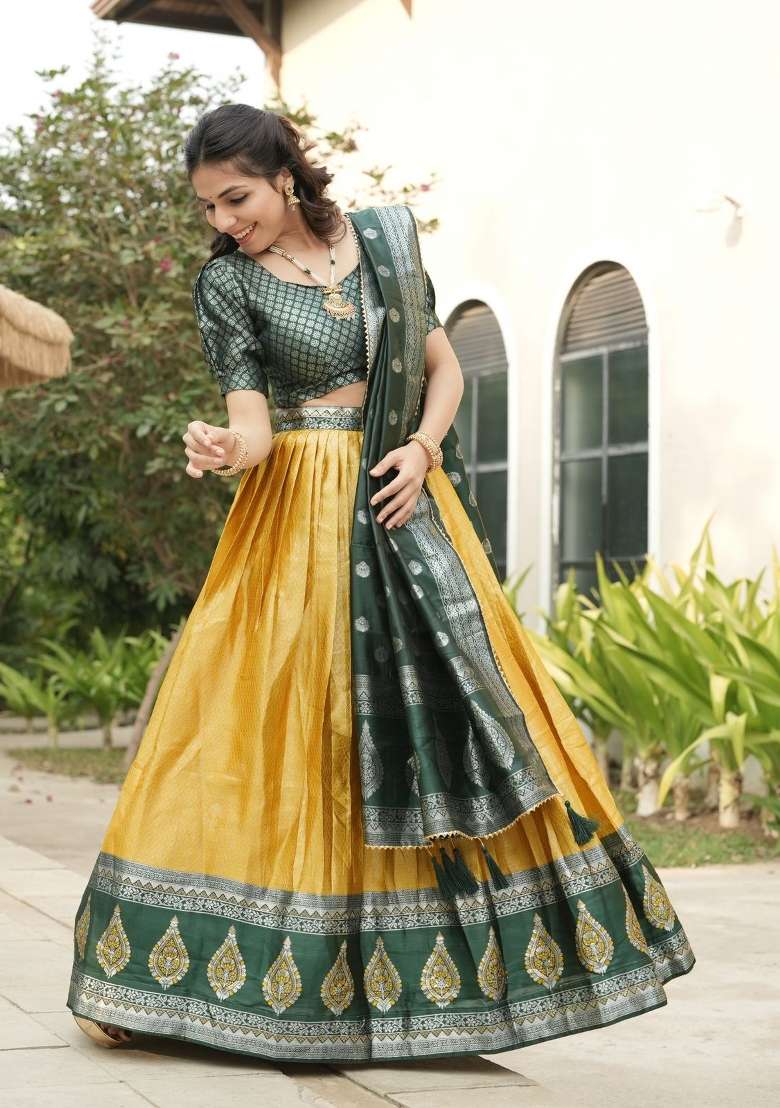 Yellow Silk Lehenga Set with Zari Work for Diwali | Wedding & Festive Wear - Indya