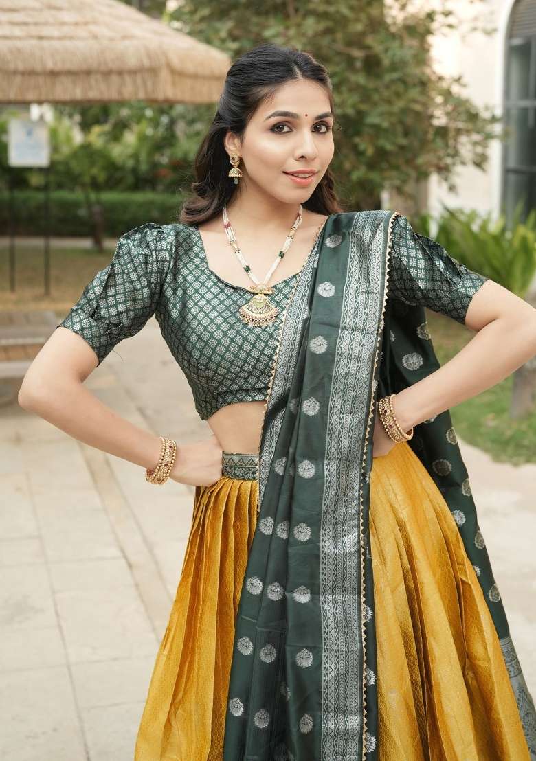 Yellow Silk Lehenga Set with Zari Work for Diwali | Wedding & Festive Wear - Indya