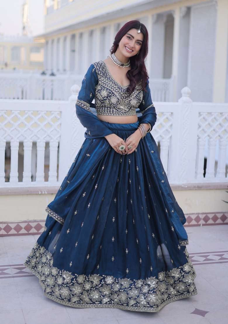 Blue Silk Lehenga Set with Embroidery for Diwali | Wedding & Festive Wear - Indya