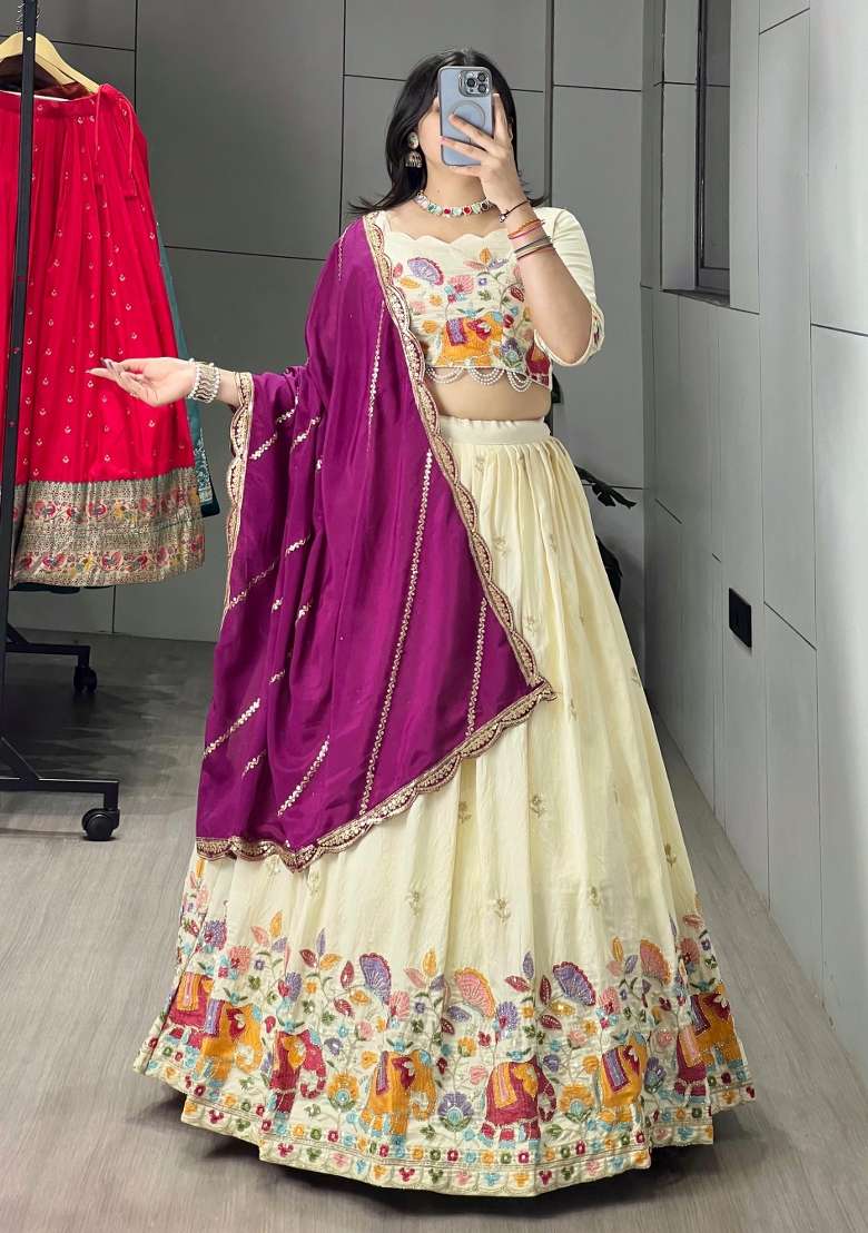 Mehendi Embroidery Crush Lehenga Set for Diwali and Festive Wear - Indya