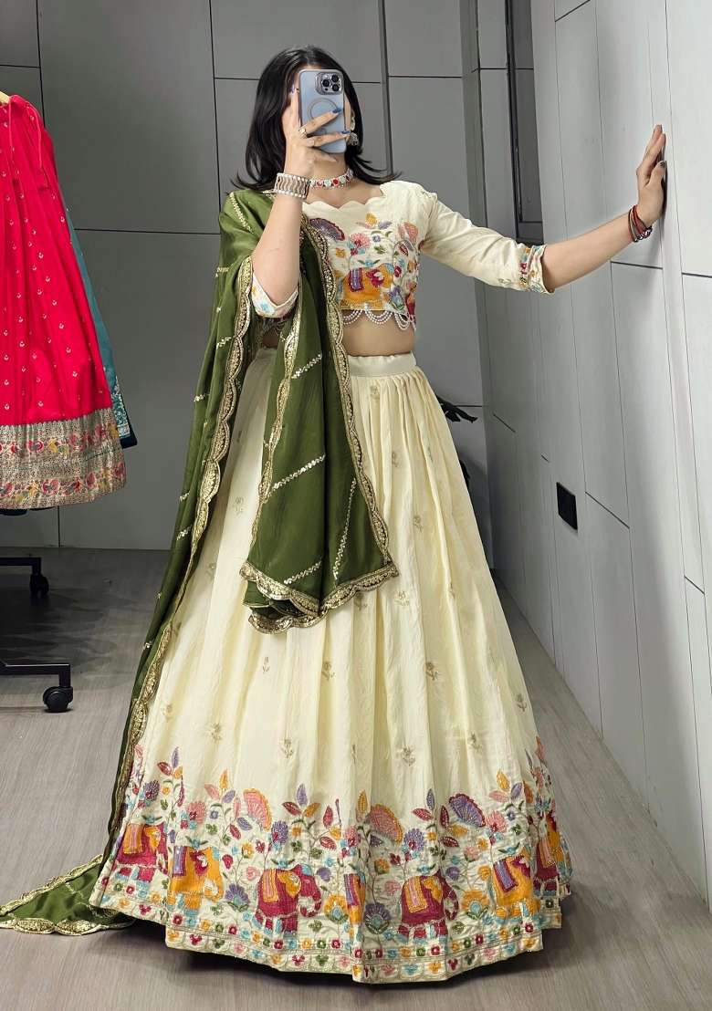 Rani Pink Embroidery Crush Lehenga Set for Diwali and Festive Wear - Indya