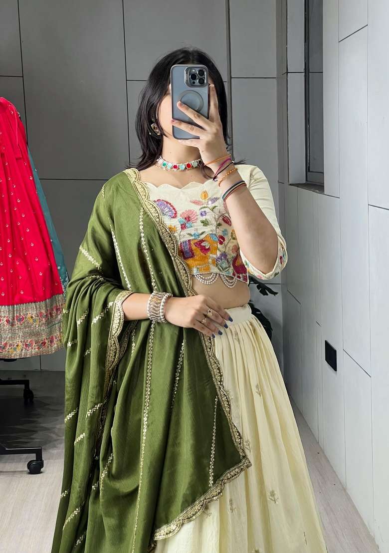 Rani Pink Embroidery Crush Lehenga Set for Diwali and Festive Wear - Indya