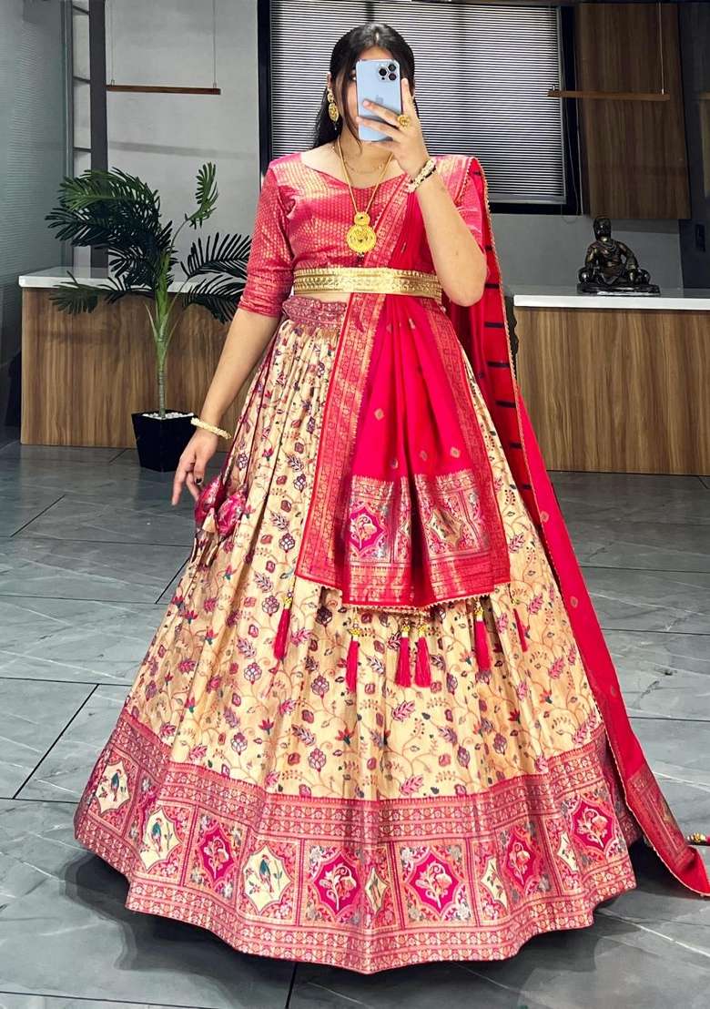 Pink Weaving Work Silk Lehenga Set for Diwali and Festive Wear - Indya