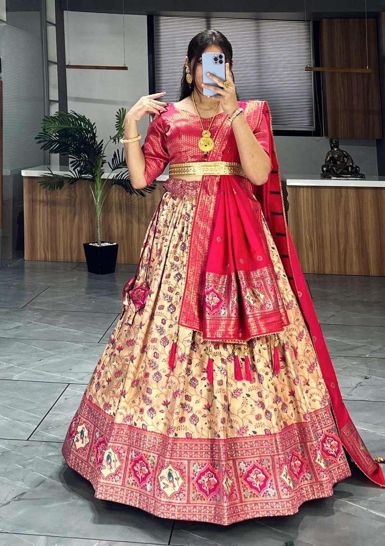Pink Weaving Work Silk Lehenga Set for Diwali and Festive Wear - Indya
